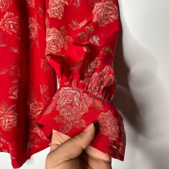 Linda Allard for Ellen Tracy Womens Button Down Shirt Sz M Red Oversized Floral - Picture 7 of 16